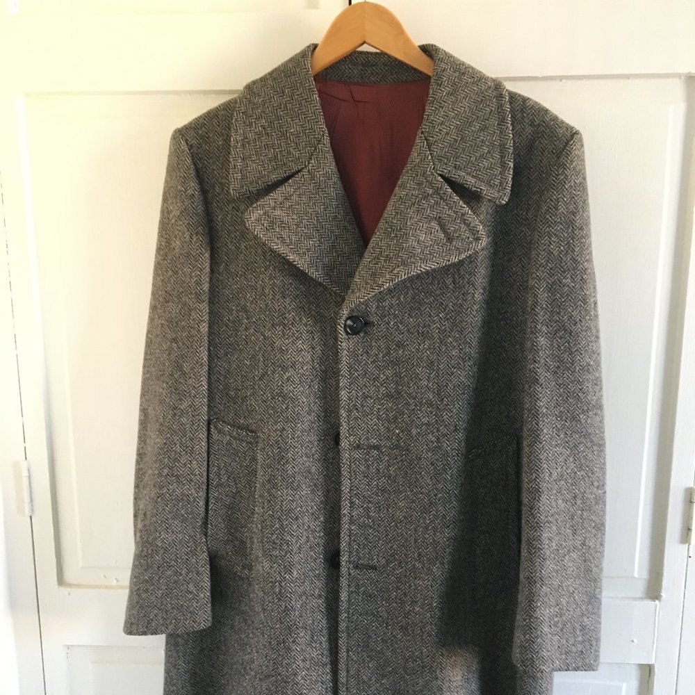 Cliper Mist Mens Vintage Wool Herringbone Overcoat
